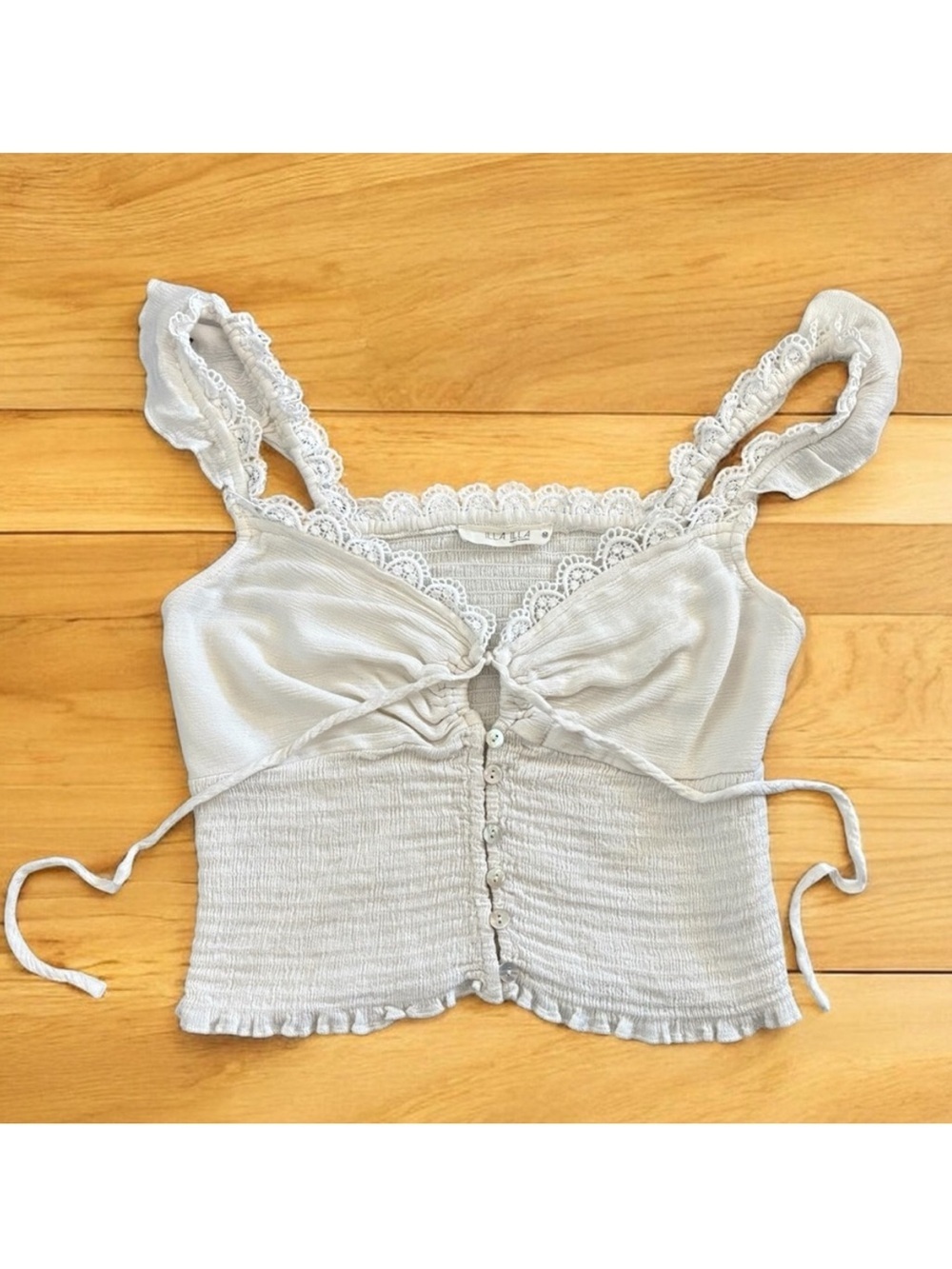 ILLA ILLA * Creamy White Lace-Trim Cropped Tie-Front Tank Romantic Girly Y2K Med